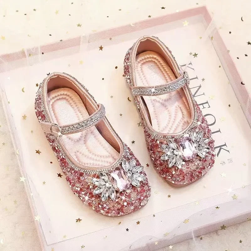 

real pictures 2024 Spring New Girls' Princess Shoes crystal pink and blue Edge Leather Shoes Single Shoes Girls' Lolita Shoes