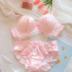 Conjuntos de sujetador y bragas de estilo japonés de encaje rosa para Mujer, lencería Sexy con lazo, Push Up, sujetadores sin costuras, Bralette para Mujer