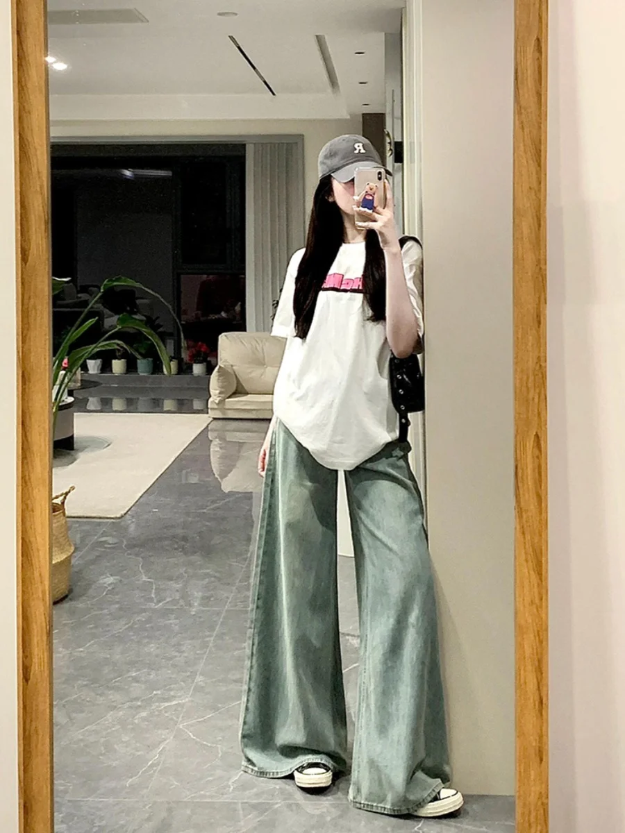 

Джинсы большого размера в стиле ретро, женские джинсы с высокой талией и широкими штанинами, свободные брюки для похудения длиной до пола, весна-лето, новое поступление