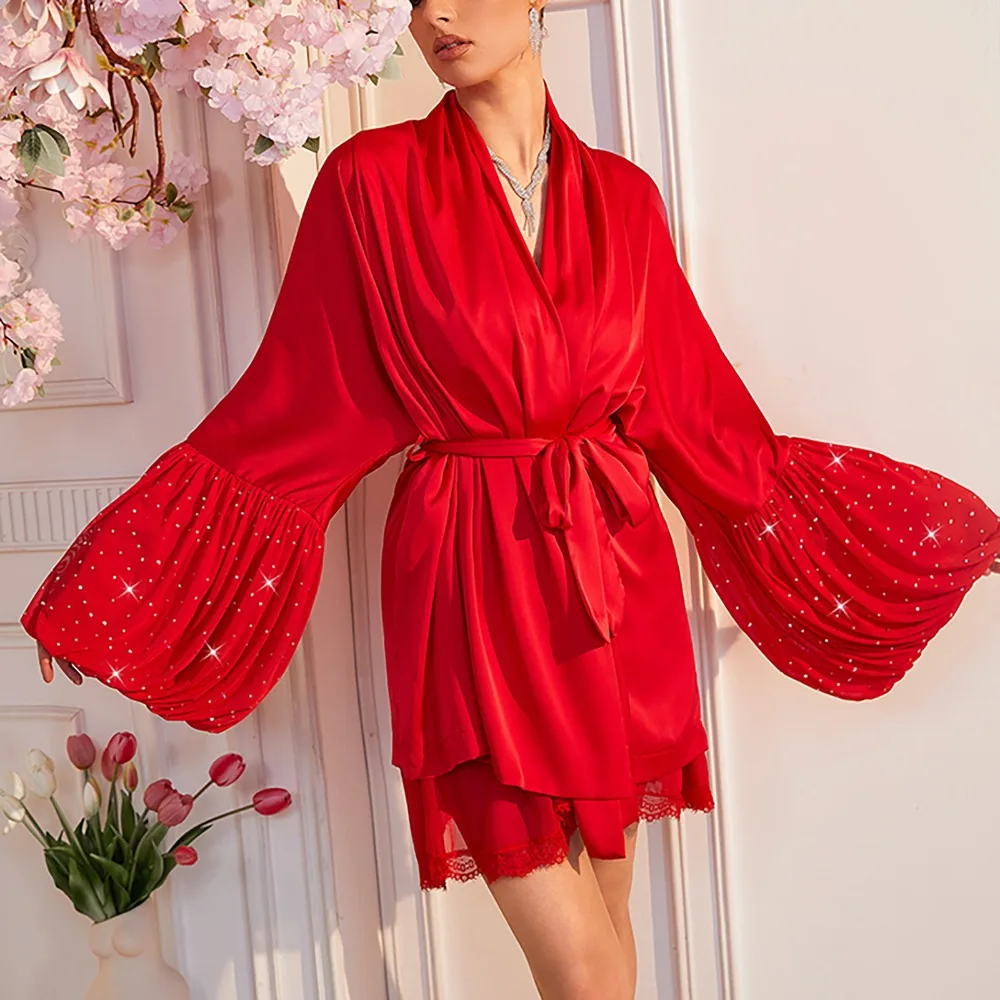 Western Women's Drapey Satin Sequin Patchwork Lantern Sleeve Belted Short Robe Black White Color Home Lounge Morning Robe