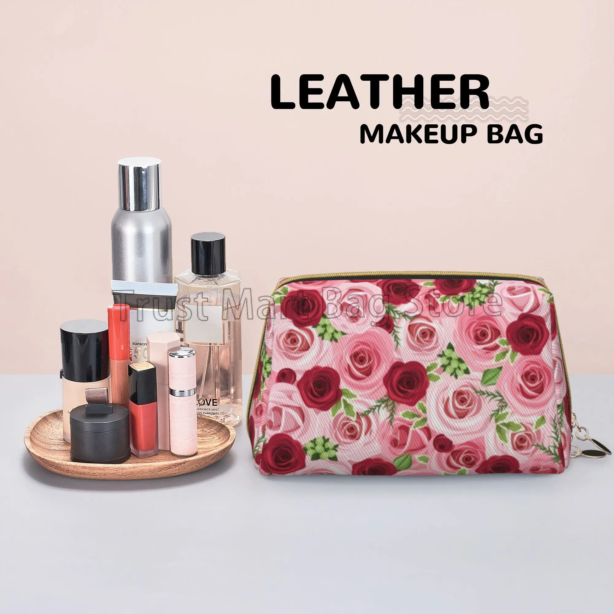 Pink Red Rose Print Large Travel Makeup Bag Pouch Cosmetic Bags Leather Waterproof Toiletry Bag for Women Valentine\'s Day Gifts