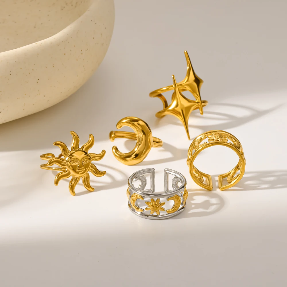 Vintage Edelstahl Geometrie Stern Mond Offener Ring 18K Vergoldet Wasserdichter Party-Schmuck Geschenke – Detail 2