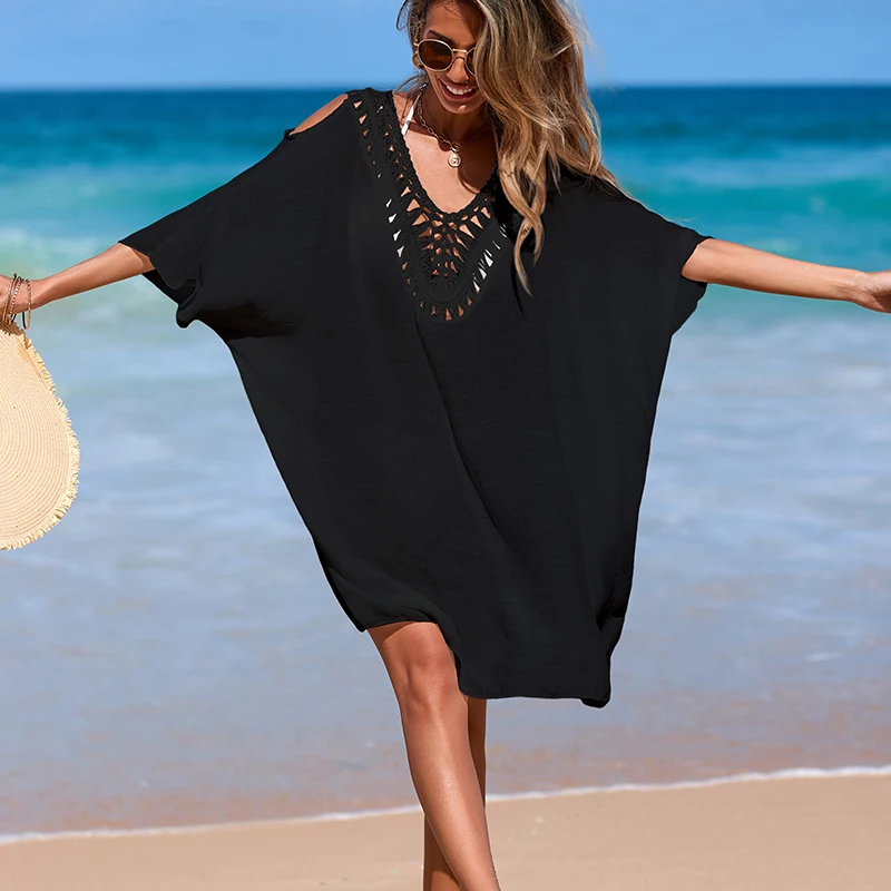 เสื้อคลุมกันแดดลายปะติดแบบหลวมๆ สไตล์ลำลองสำหรับวันพักผ่อนที่ชายหาด ลายเรียบง่าย สวมใส่สบายและมีสไตล์