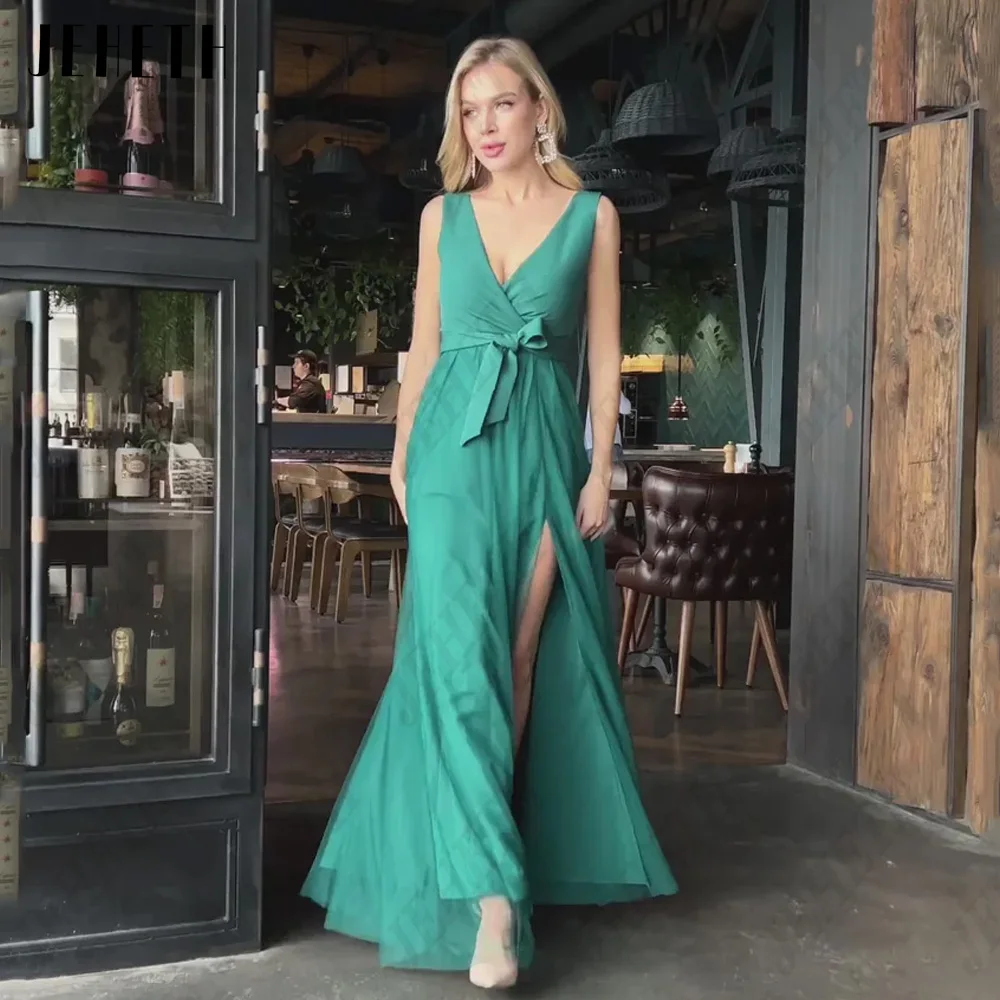 Jeheth Green Modern Evening vestido sin mangas, doble V collar, vestido de baJEHETH-vestido de noche moderno verde sin mangas, vestido de graduación con doble cuello en V, corte en a lateral, largo hasta el suelo, 2023