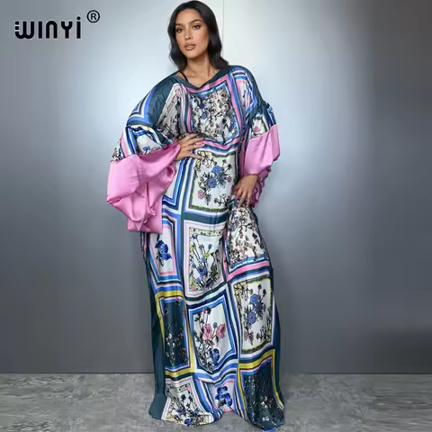 WINYI new summer puff(ed) sleeves evening dress abaya dubai luxury Female loose Print kaftan muslim woman clothing beach dress