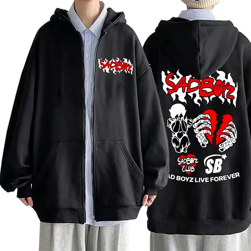 

Singer Junior H Sad Boyz Live Forever Graphic Zipper Hoodie Men Women Casual Fashion Oversized Zip Up Hoodies Male Vintage Coat