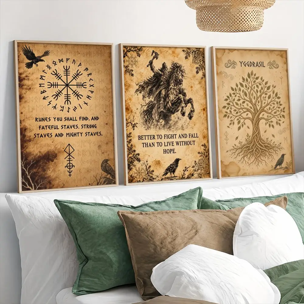 Norse Mythology Painting Calligraphy 3 PCS Canvas Wall Art Prints for Living Room Decor Vintage Modern Wall Decals