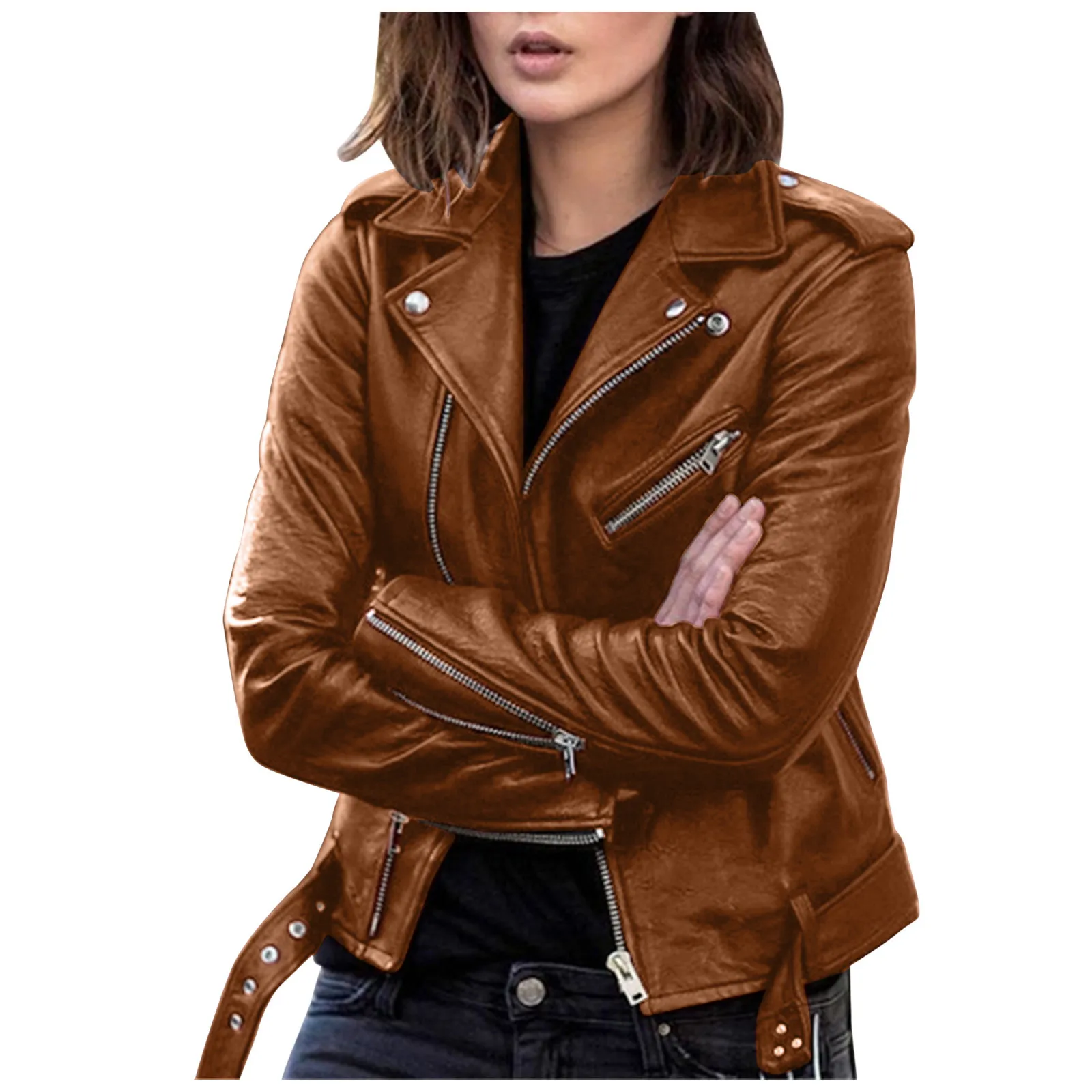 Women Fashion Faux Leather Jacket Female Moto Biker Jackets 2022 Long Sleeve Zipper Fit Leather Coat Fall Short Ladies Jacket