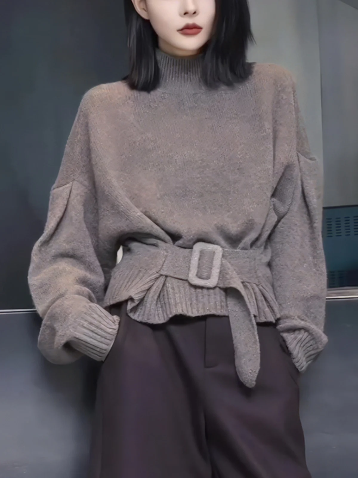 

Faionable Oversized Soft Cozy High-Quali Sweater with Waist-Cinching Belt Pure Color Design Trendy Knitwear for Women