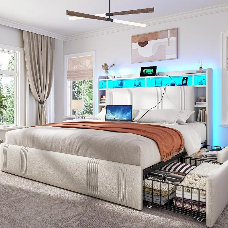 

Каркас кровати размера «queen-size» с 4 ящиками для хранения и полкой изголовья. Мягкий каркас кровати размера «queen-size» со светодиодной подсветкой и зарядной станцией,