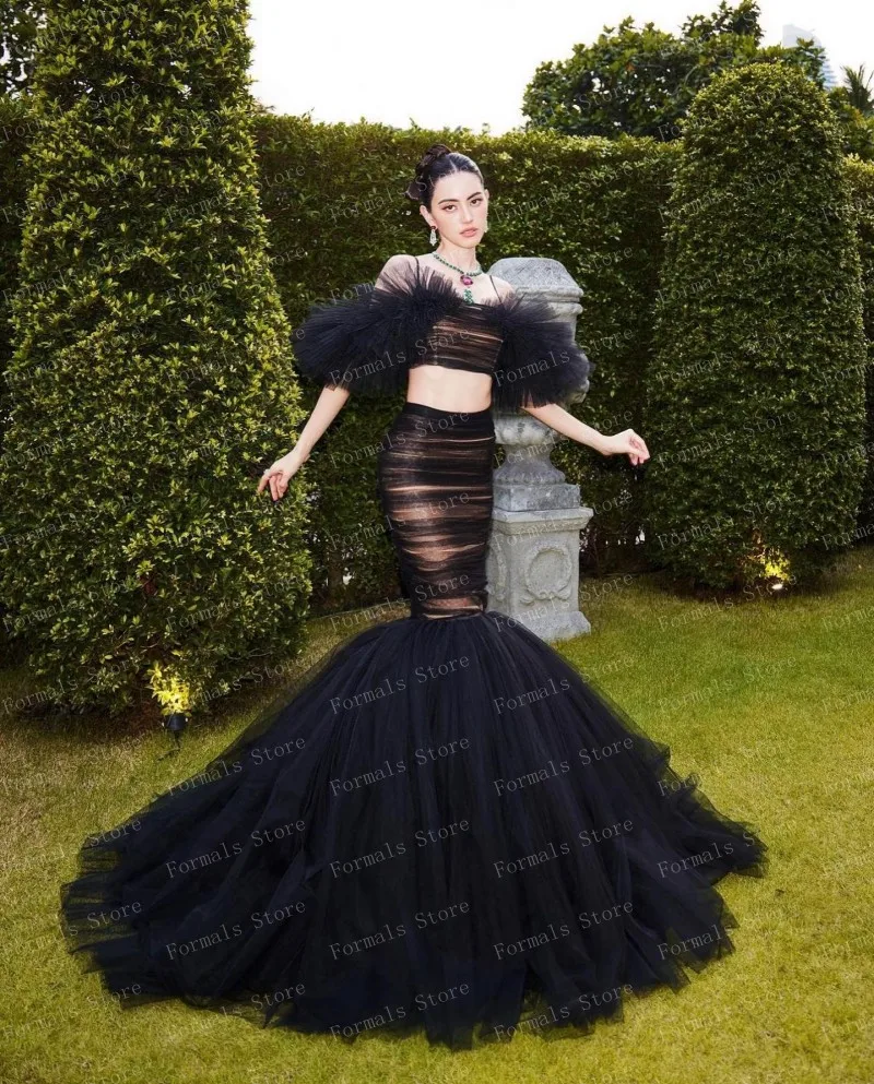 Black Two Piece Set Tulle Dress Floor Length Mermaid Evening Dresses Ever Pretty فساتين سهره فاخره 2024 See Through Gowns