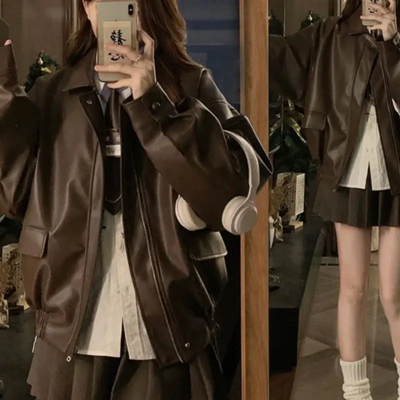 Chaqueta de Cuero Marrón Estilo Retro Americano para Mujer, Primavera-Otoño, Nueva, de Alta Gama, Estilo Motociclista, Chaque...