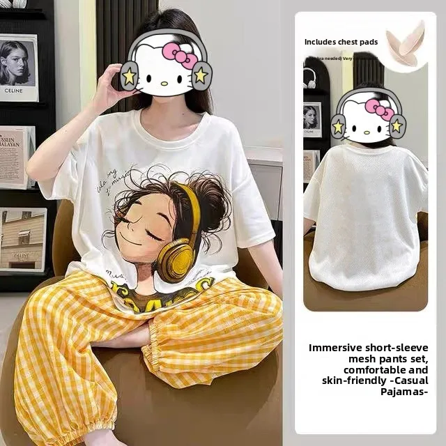 かわいい漫画の音楽少女、または Sve ラウンド ネ クラウド コットン スウェットセット、胸パッド付き、夏の甘い女の子のホームウェア