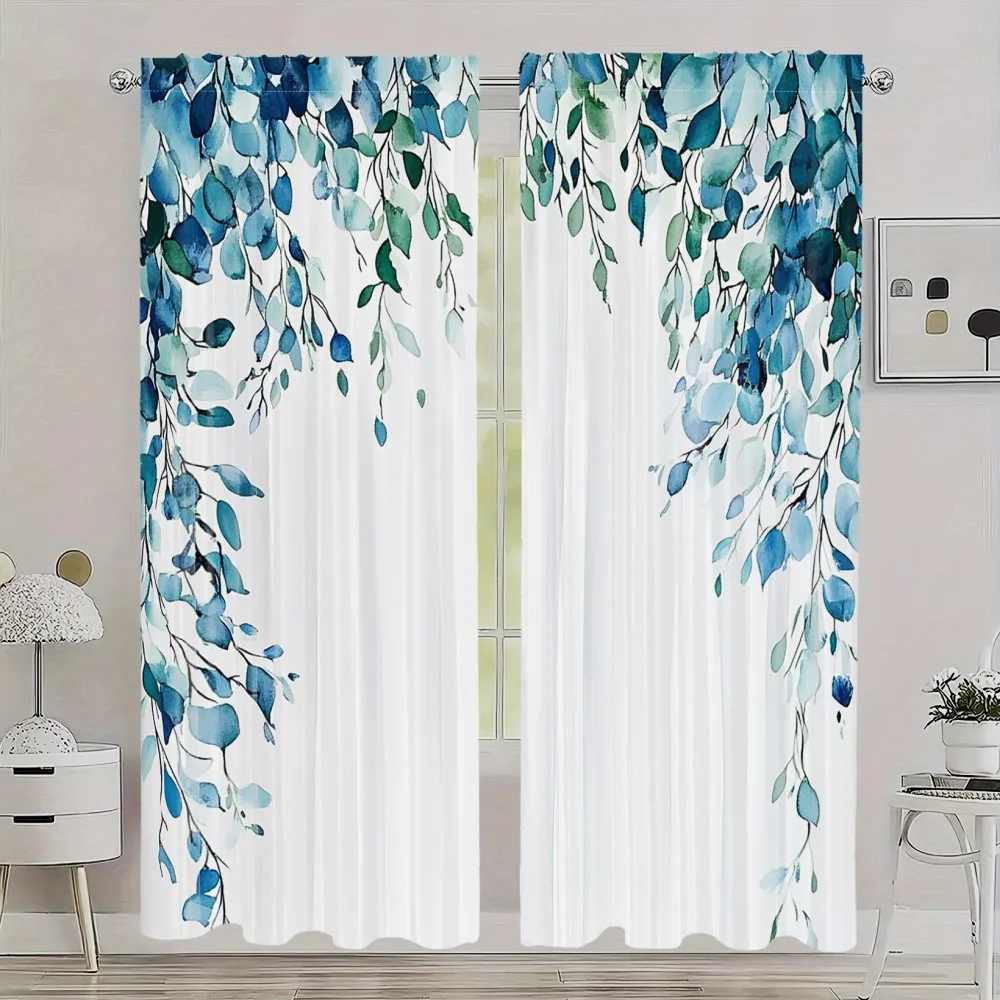 Watercolor Blue Leaves Branches Window Curtain Bedroom Living Room Decorative Blackout Thermal Insulated Fabric Home Textile
