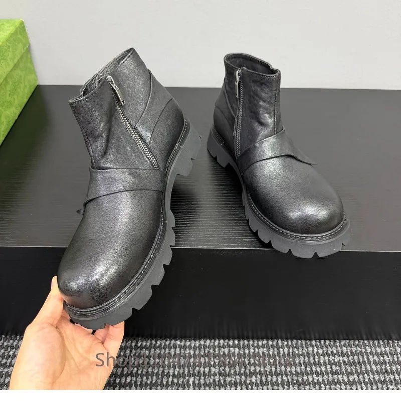 Designer Genuine Leather Work Walking High Top Shoes Men's Chelsea Boots Casual Outdoor Patchwork Round Toe Ankle Boots Male