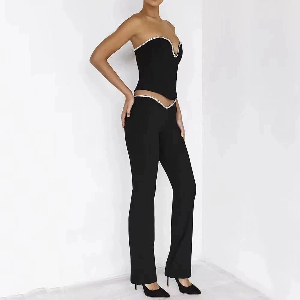 Hot selling nieuwe stijl super sprankelende strass trim tube top V taille broek modieuze forens pak-GZXX1274