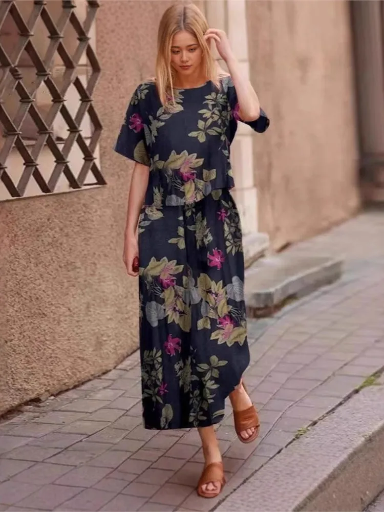 2025 ฤดูใบไม้ผลิฤดูร้อนใหม่ PLUS ขนาด 2 ชิ้นชุดผู้หญิงผ้าลินิน Casual VINTAGE หลวมพิมพ์แขนสั้นและกางเกงตรง 2 ชุด