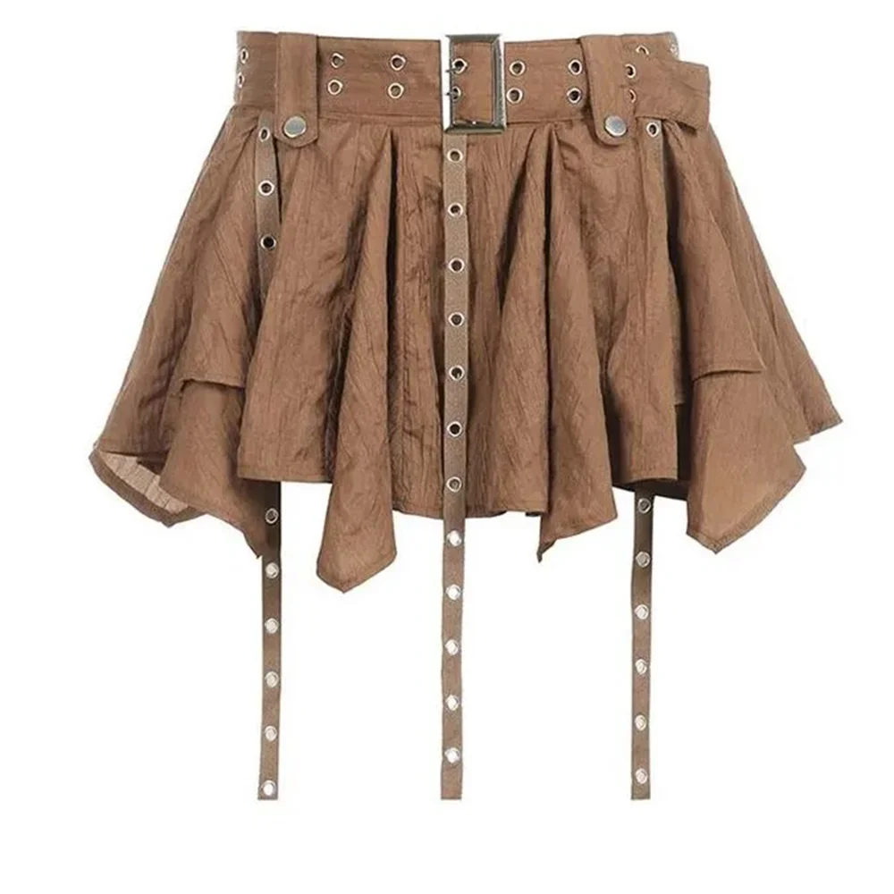 Vintage Spicy Girl Short Pleated Skirt Irregular Belt Mini Skirts Women's Summer New Heavy Embelliment Skirt Harajuku