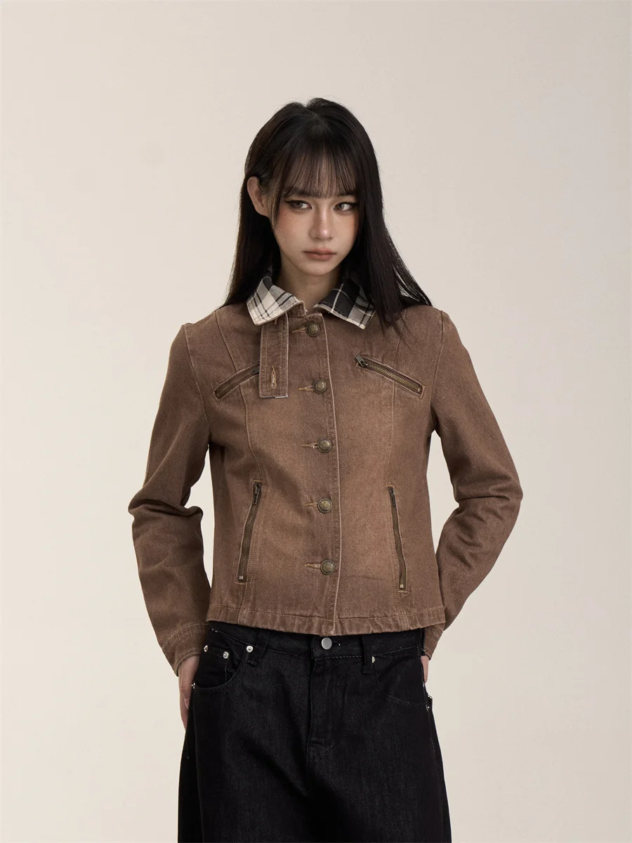 Onlpp American Retro Short Denim Jacket Women's Spring Plaid Collar Slim Fit Workwear Style Button up Cotton Shirt