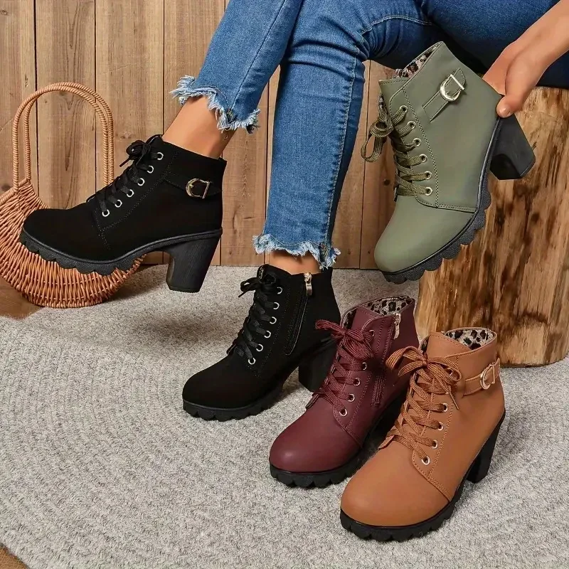 Women Boots Autumn Winter High Quality Boots Lace-up High Heels Shoes for Women Outdoor Fashion Anti-slip Boots Botas De Mujer