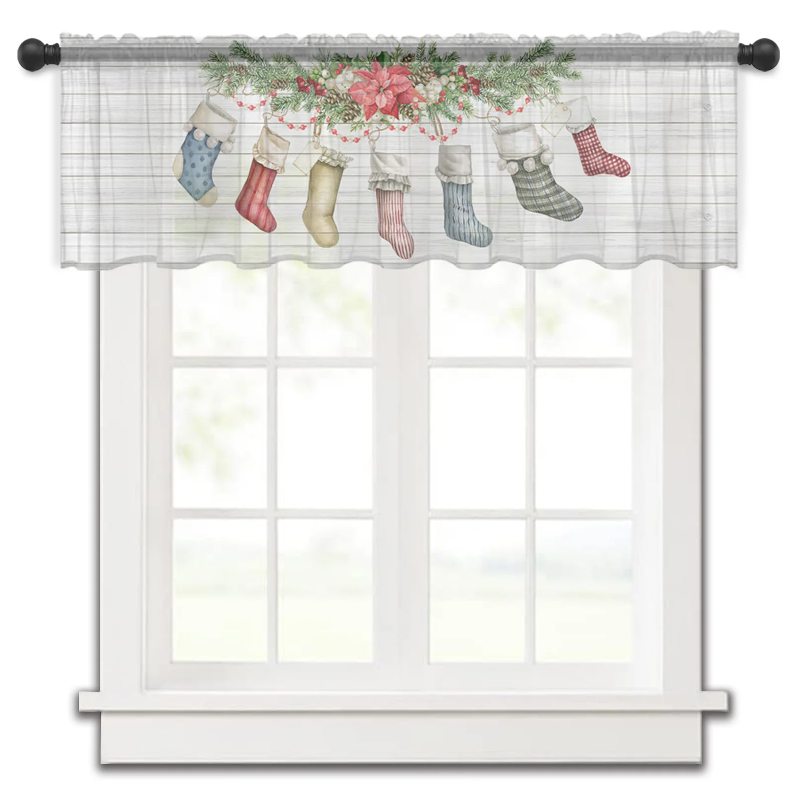 Christmas Wood Patterned Poinsettia Socks Small Window Curtain Valance Sheer Short Curtain Bedroom Home Decor Voile Drapes