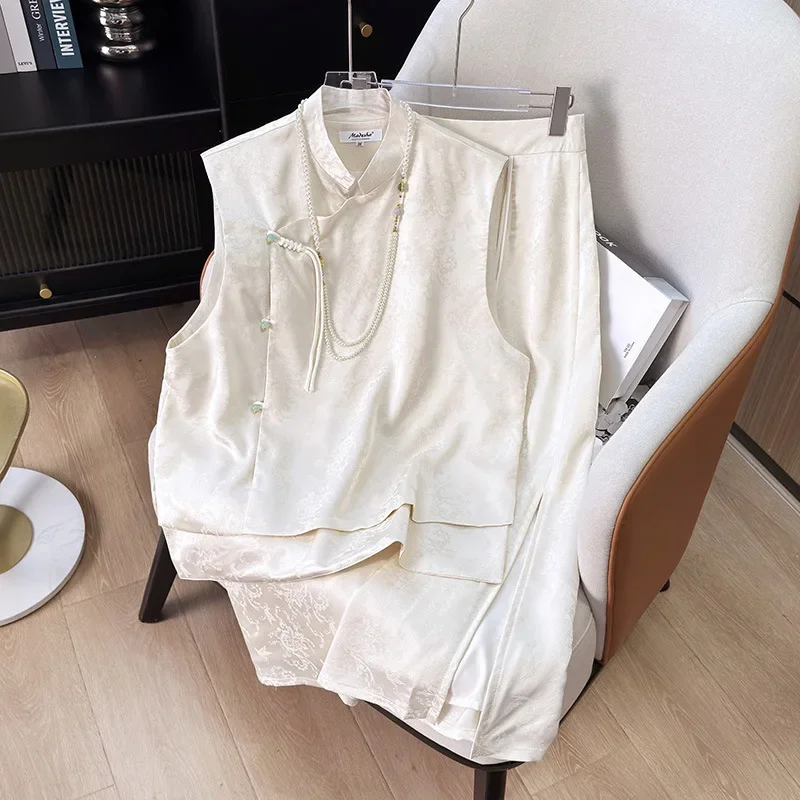 Cheongsam Top Skirt Suit Women New Chinese Style Hanfu Costume Sexy Sleeveless Qipao Shirt Jacquard Sleeveless Jacket Streetwear