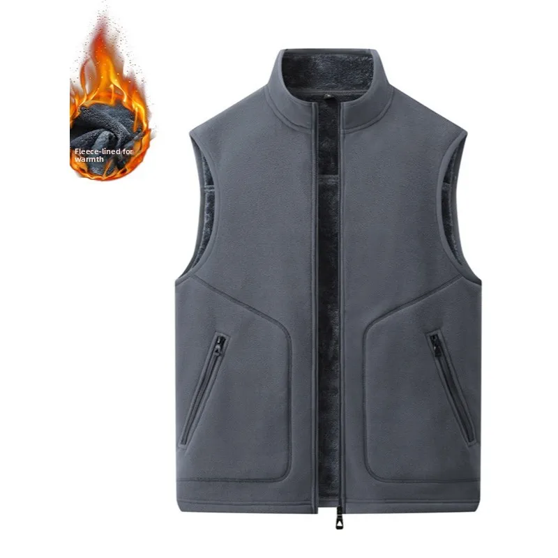 

Мужской двусторонний флисовый жилет: теплая осенне-зимняя одежда с подкладкой из овечьего вельвета, воротником-стойкой и застежкой-молнией. Цветной.