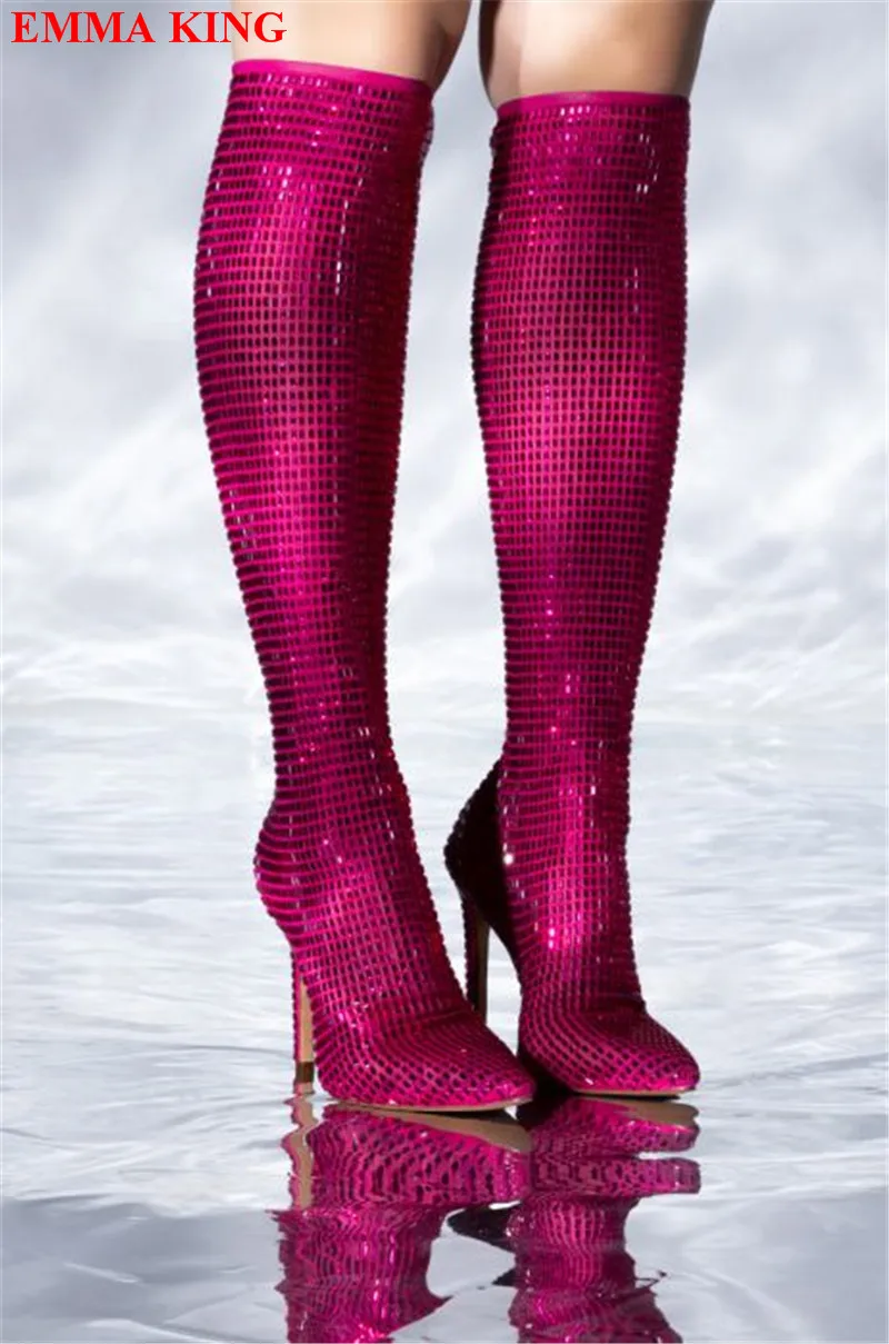 أزياء النساء حجر الراين حذاء برقبة للركبة الفاخرة مصمم أشار تو أحذية الحفلات الشتاء الخريف عالية الكعب أحذية بوتاس دي Mujer