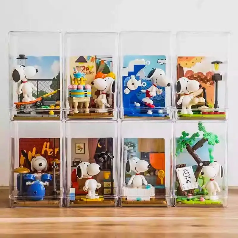 Figurine de boîte aveugle Snoopy, dessin animé Kawaii, café, vue sur la rue, blocs de construction, ornements de guérison émotionnelle, cadeau