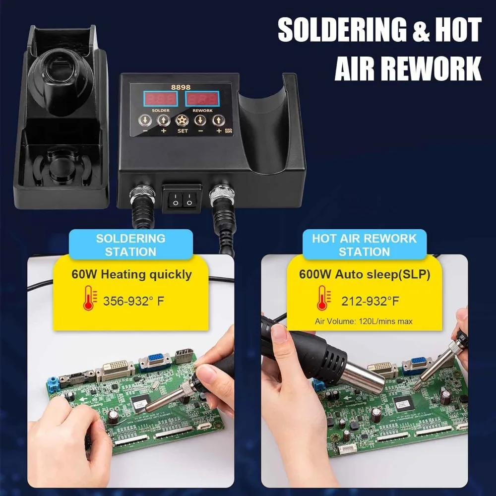 Цифровая паяльная станция 2-в-1 с фен-нагревателем, регулируемой температурой и функцией автоматического сна