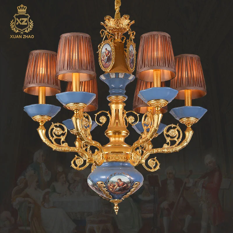 XUANZHAO French Classic Luxury Full Copper Chandelier Villa Lobby Bedroom Warm Romantic Ceramic Lamps And Lanterns