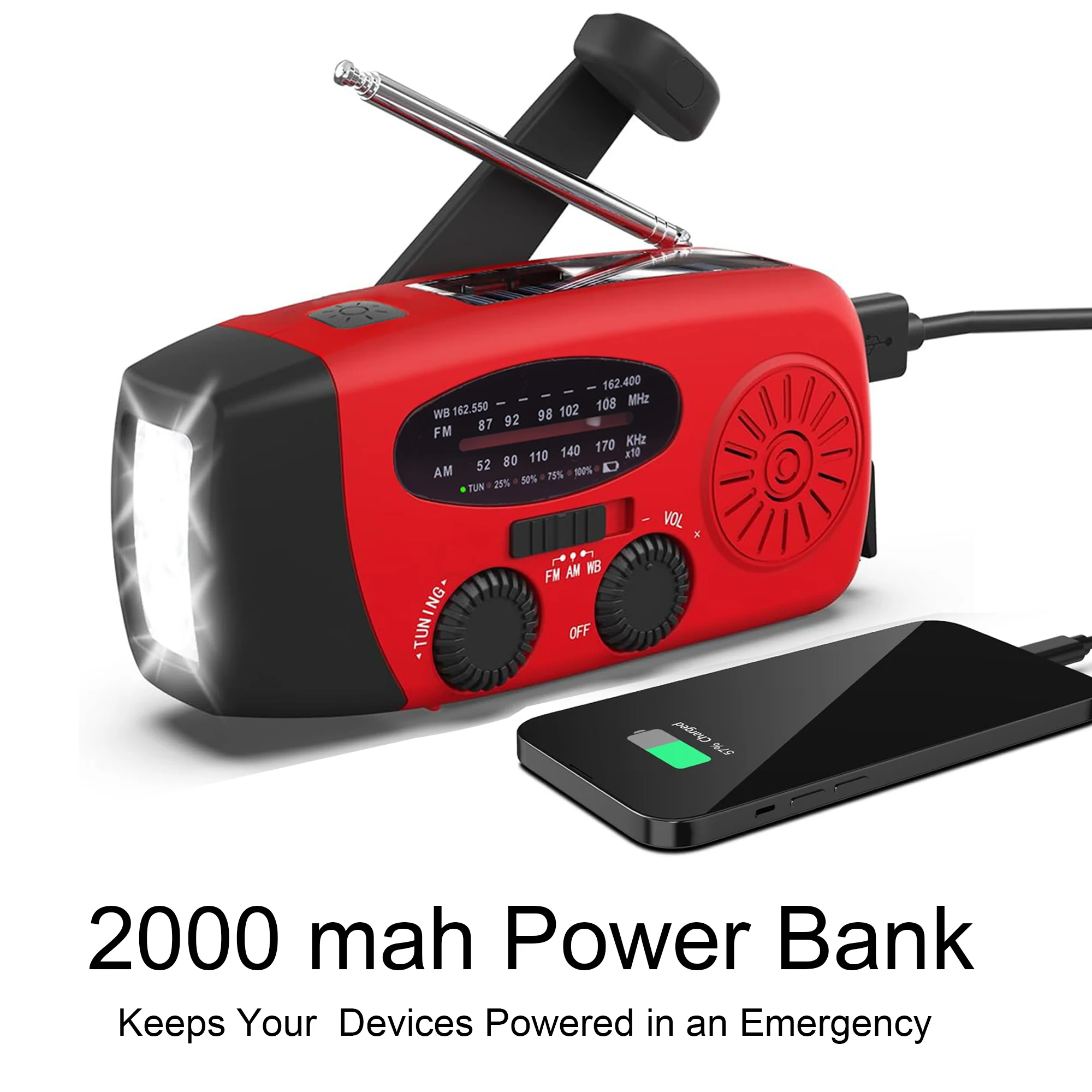 

Portable Hand Crank Radio,Emergency Weather Radio,Solar Powered AM/FM NOAA,SOS Alarm,Flashlight 2000mAh Rechargeable Power Bank