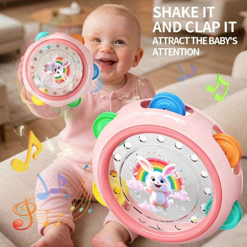 Interaktywna zabawka perkusyjna do użycia w dłoniach - dwustronna, gładka powierzchnia, z wzorami królików, miękkie pastelowe kolory do zabawy sensorycznej dla maluchów.