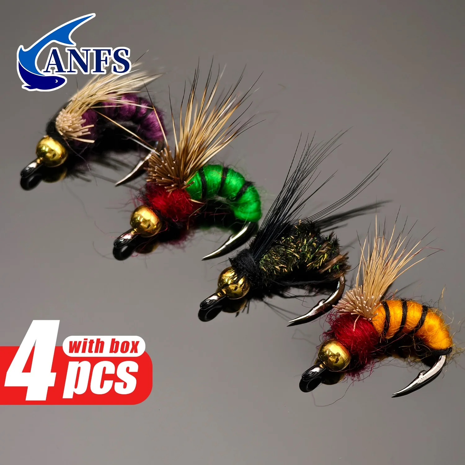 ANFS-Juego de caja de moscas para pesca con mosca, cebo de pesca de insectos artificiales, trucha, grilismo, panfish, señuelos de carpa, 4 Uds.
