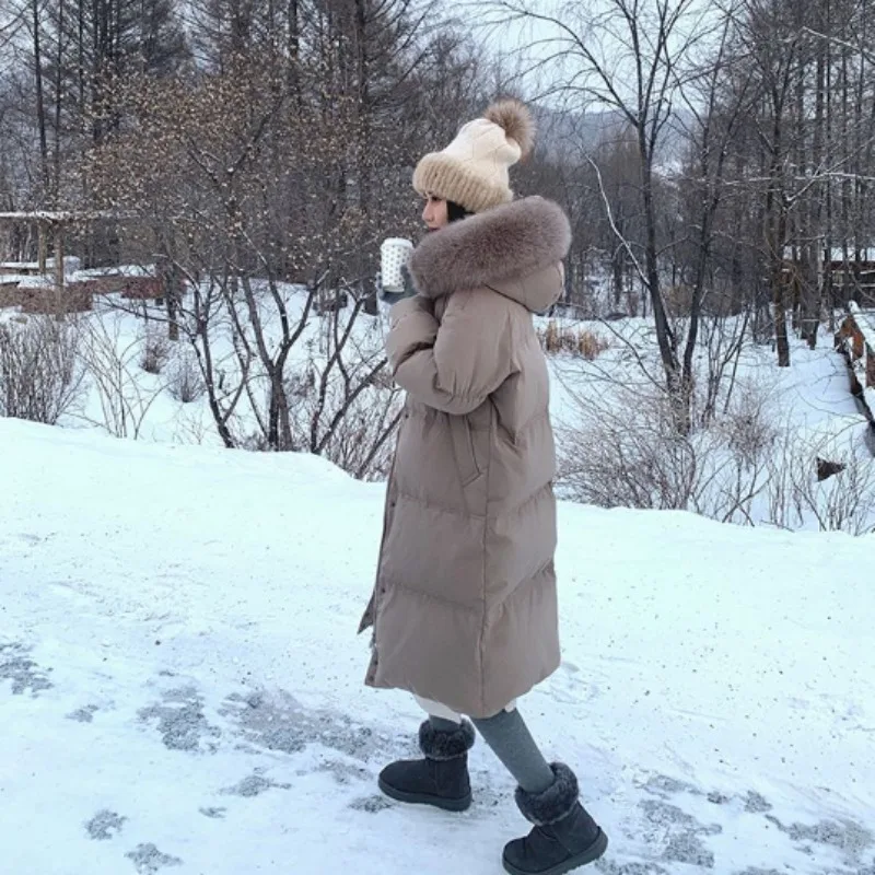 Abrigo de plumón de pato blanco para mujer, chaqueta de longitud media con Cuello de piel, Parkas gruesas, abrigo cálido con capucha, prendas de vestir de invierno, nuevo, 2023