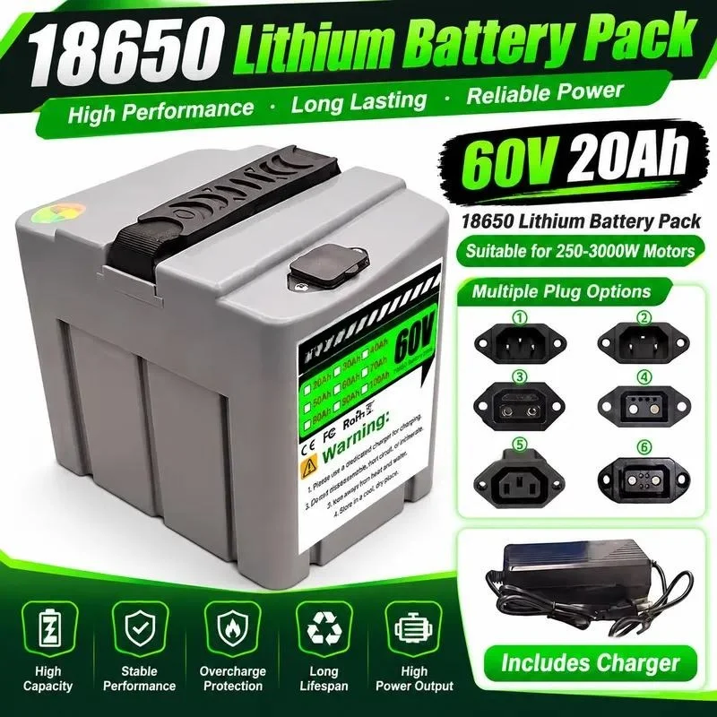 for 18650 Lithium Battery 60V 20Ah-100Ah Battery Pack Suitable for 250-3000W Electric Bike Scooter Motor
