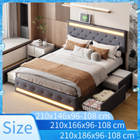 Creahappy- Double bed - Upholstered - With LED strip and USB charging - With 4 storage drawers - Dark grey