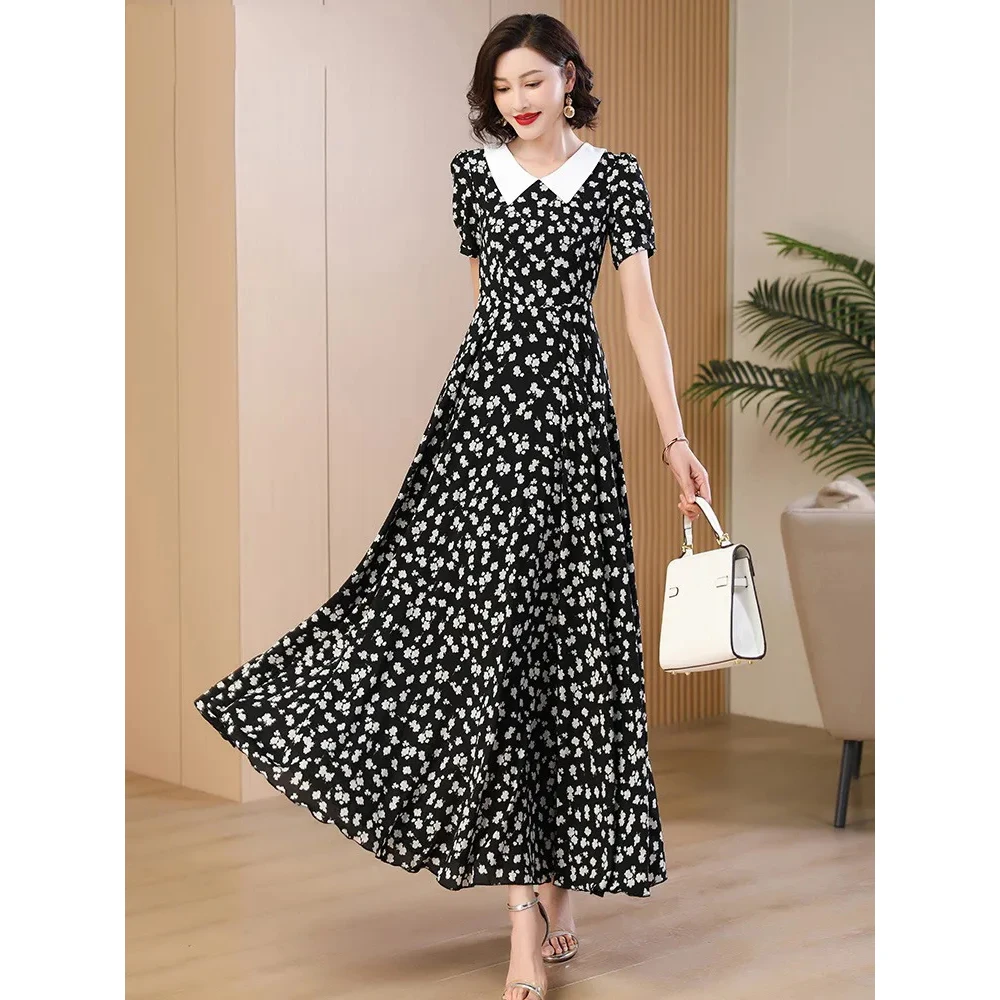 

2024 Summer New Black Floral Dress Fashion Slim Temperament Chiffon Long Dress Women Short Sleeve A-Line Printed Maxi Dress 4XL