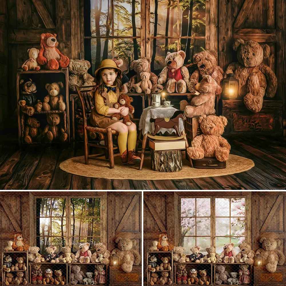 

Кукла-медведь, украшение, фотофон, вид на деревенский лес, игрушечная комната, фон для фотосъемки, ткань, детский портрет, реквизит для фотостудии
