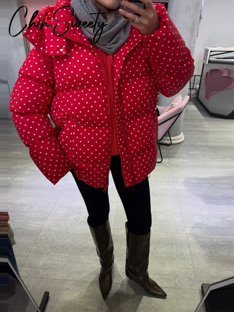 Cappotto in cotone addensato da donna con stampa casual Elegante cerniera a maniche lunghe Tasca con cappuccio Giacca femminile 2025 Inverno Chic Lady Outwear Nuovo