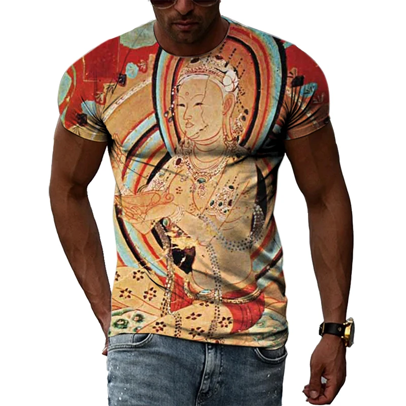 China Dunhuang Mural Graphic Shirt 3D Harajuku Print New Summer Retro Art Casual Short Sleeve Top For Men And Women Personality