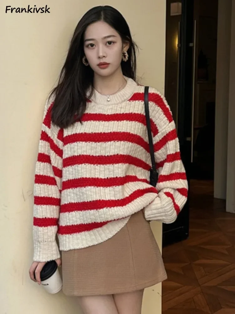 Red Striped Sweaters Women Slouchy Sweet Contrast Color O-neck Age-reducing Stylish Knitting Pullovers Autumn All-match College