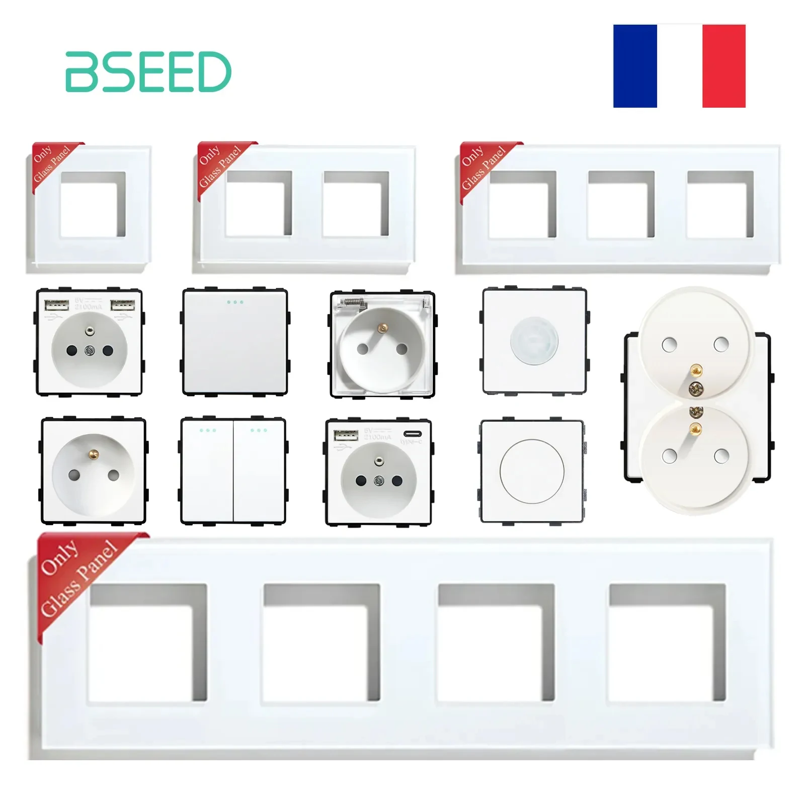 BSEED Szklane ramki Francuskie standardowe przełączniki światła Modułowe gniazda ścienne Funkcja DIY Ściemniacz Podstawa USB Typ-c Część Przełącznik czujnika PIR