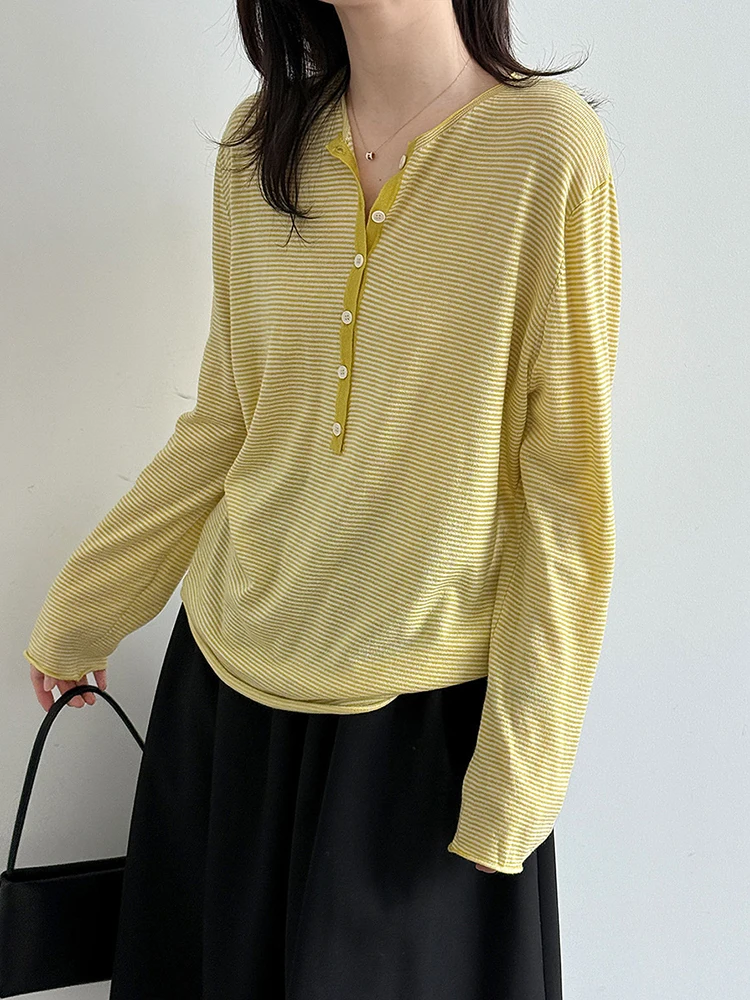 Women Yellow Button Striped Thin Big Size T-shirt New Round Neck Long Sleeve Fashion Tide Spring Autumn