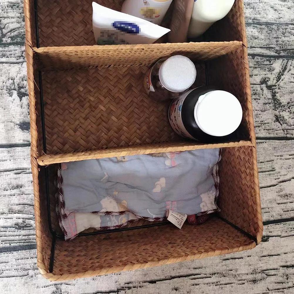 

Seaweed Woven 3-Compartment Desktop Storage Basket Yellow Natural Handwoven Storage Solution for Living Room Woven Basket