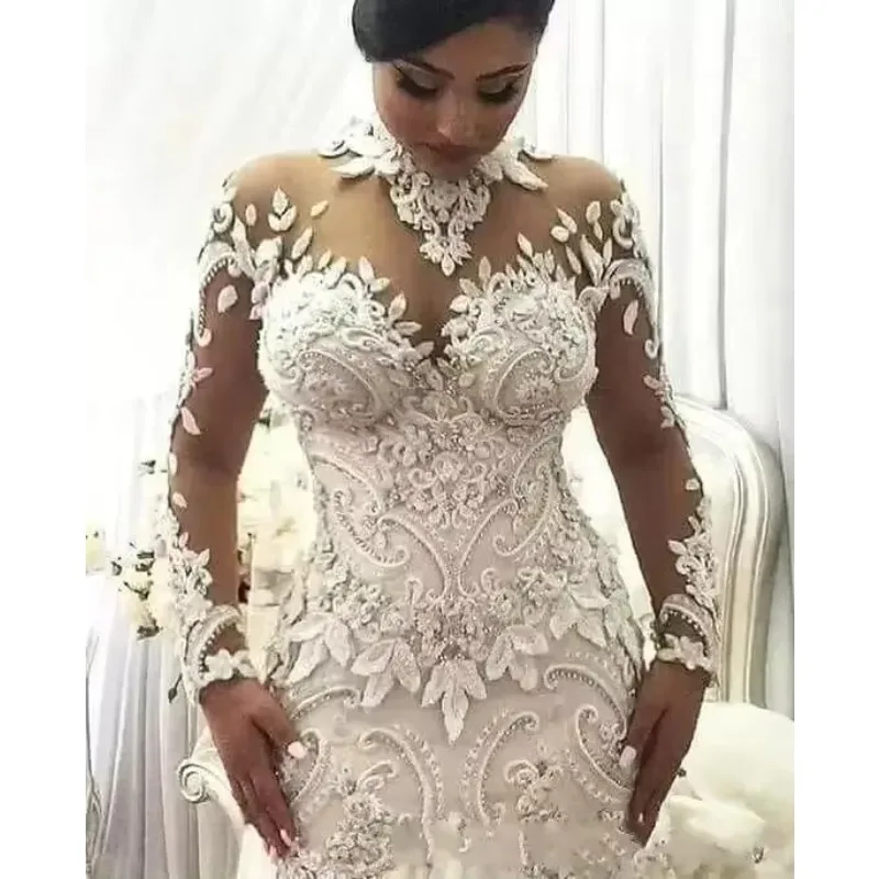 

Customized Sheer Long Sleeves Wedding Dresses Illusion Nigeria High Neck Appliqued Beaded Dubai Arabic Castle Mermaid