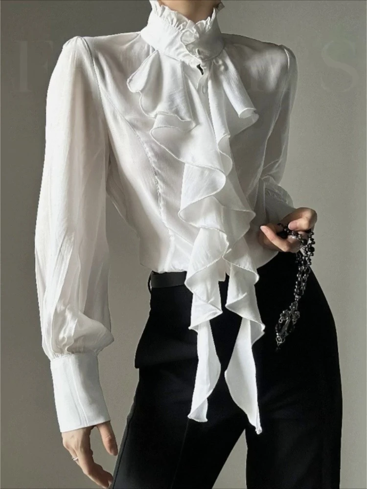 Japanese Dark Vintage Gothic Blouse Women 2025 Autumn Elegant Ruffle V Neck Puff Sleeve Slim Fit Top Harajuku Retro Chic Style