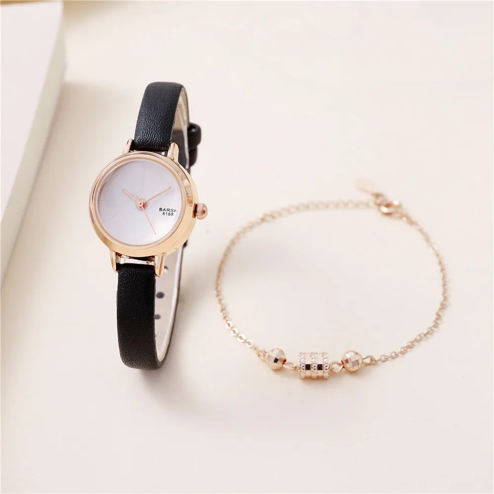 2pcs/set fashion simple small quartz women girl leather quartz watch