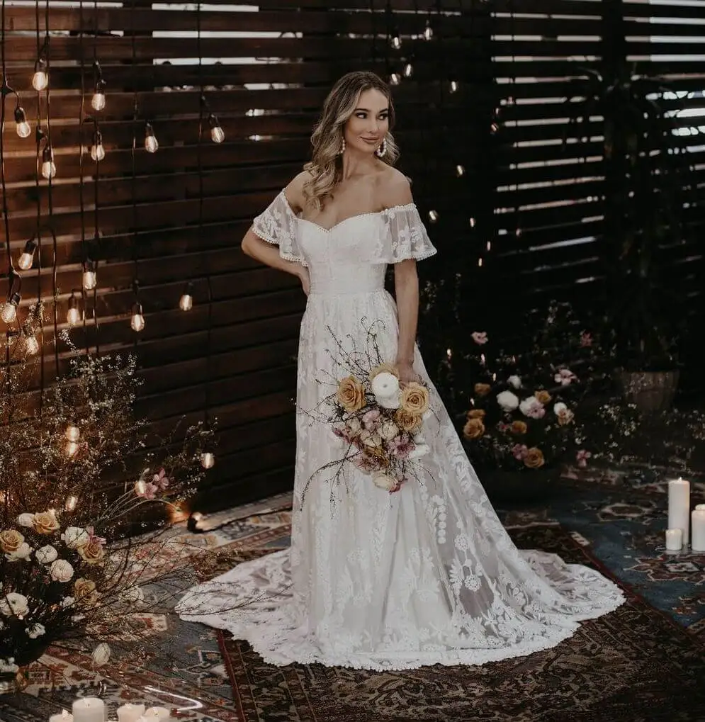 Gaun pernikahan Boho gaun pengantin Bohemian renda Tulle bahu terbuka A-line gaun pengantin gaun pengantin