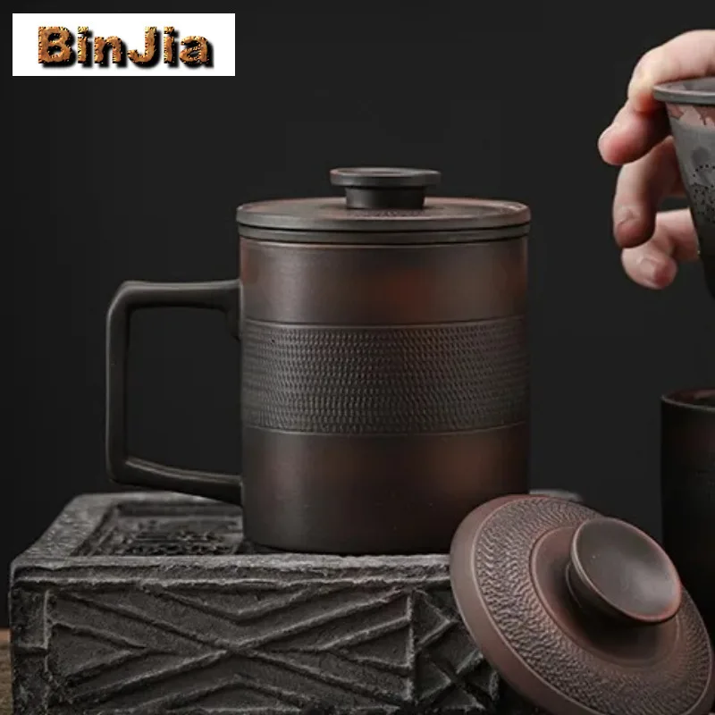 

360ml Chinese Qingxi Purple Pottery Office Cup Filter Inner Liner Water Tea Separation Mug Handamde Jump Knife Personal Gift